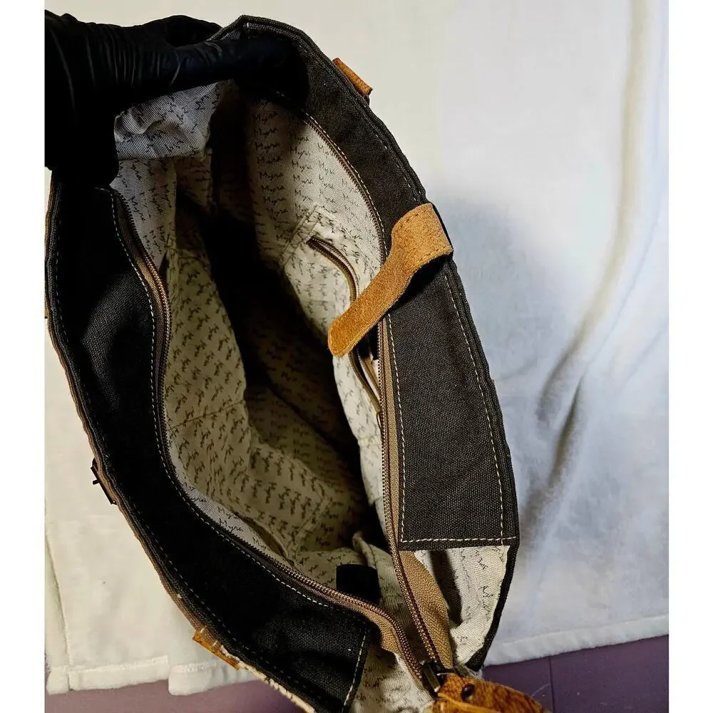 Maya Tote Bag. Leather & Canvas. Floral large bag. Zip closure. Multiple pockets